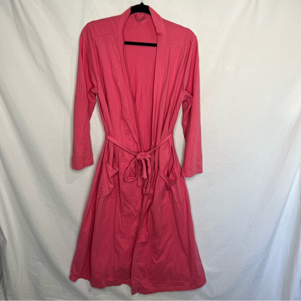 Green Cotton by Garnet Hill Women's Long Night Robe Sz M Pink Tie Waist Pockets